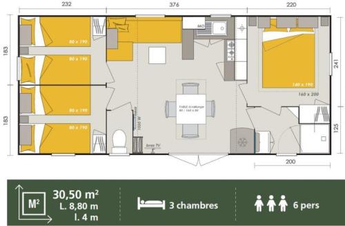 Flower Camping Les Ilates - Homeflower PREMIUM 30,5m² (3 bedrooms) + CLIM + semi-covered terrace + TV + sheets + towels - Photo 9